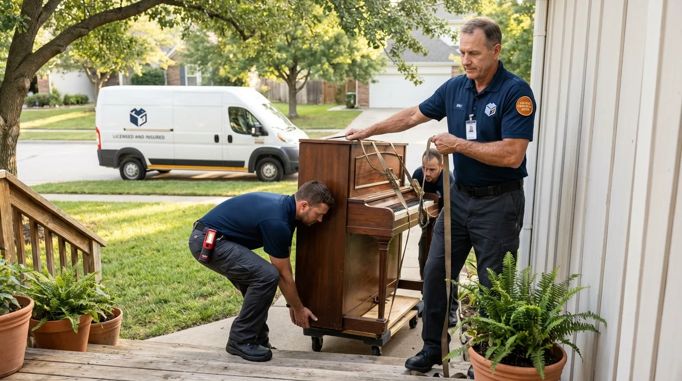 Licensed piano movers securing grand piano in Oxon Hill, MD